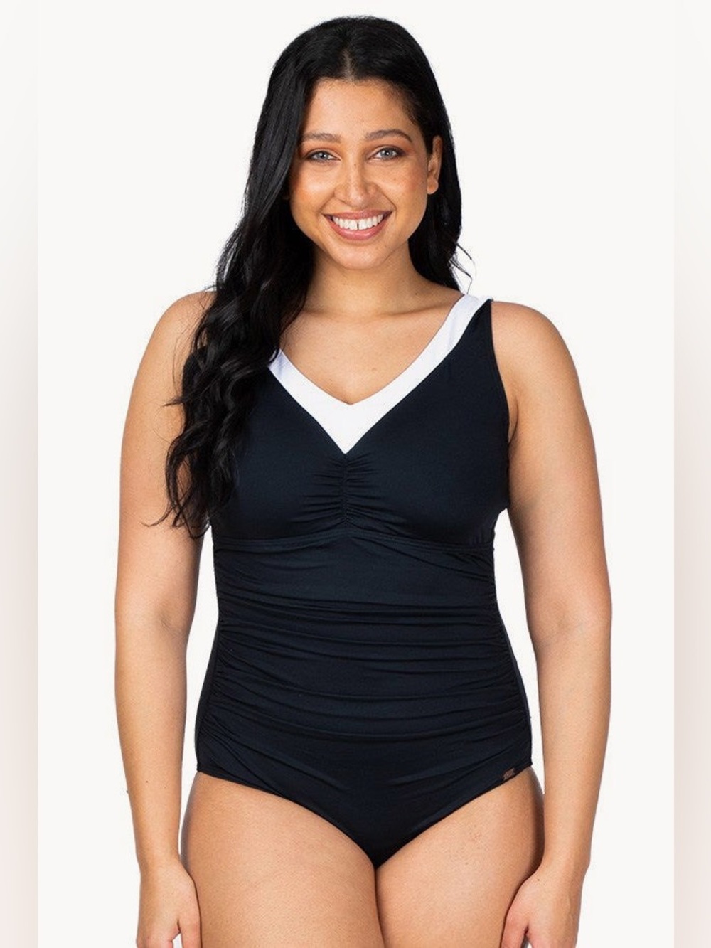 Classic Black V-Neck One-Piece Swimsuit with White Trim